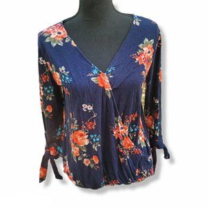 Floral Print Wrap Blouse w/ Tie Sleeves